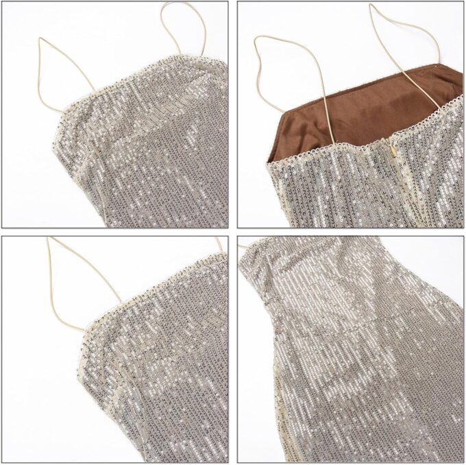 BOLLEY JOSS Women's Sequins Midi Dress Sexy Spaghetti Strap Long Dress Sparkly Back Slit Bodycon Dresses – Bild 5