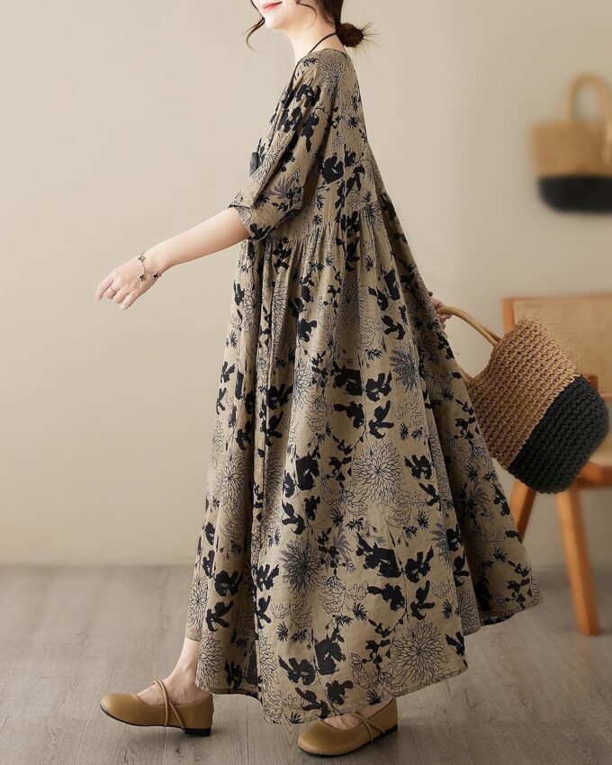 ellazhu Women's Summer Short Sleeve Maxi Length Solid Colord Floral Printed Patchwork Dress GA2677 – Bild 2