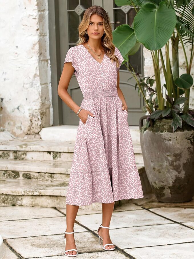 BerryGo Women's Floral Boho Ruffle Summer Midi Dress Short Sleeve V Neck Empire Waist Swing Flowy Dress – Bild 4