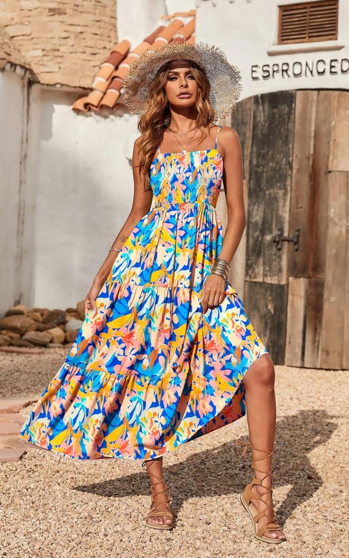 PRETTYGARDEN Women's Summer Maxi Dress 2025 Casual Boho Sleeveless Spaghetti Strap Smocked Tiered Long Beach Sundresses – Bild 3