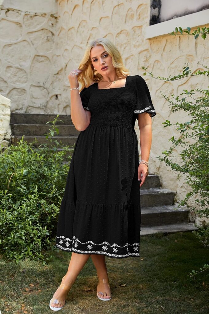 Glamaker Women's Plus Size Summer Casual Short Sleeve Smocked Square Neck A Line Flowy Midi Dress Long Dress – Bild 4