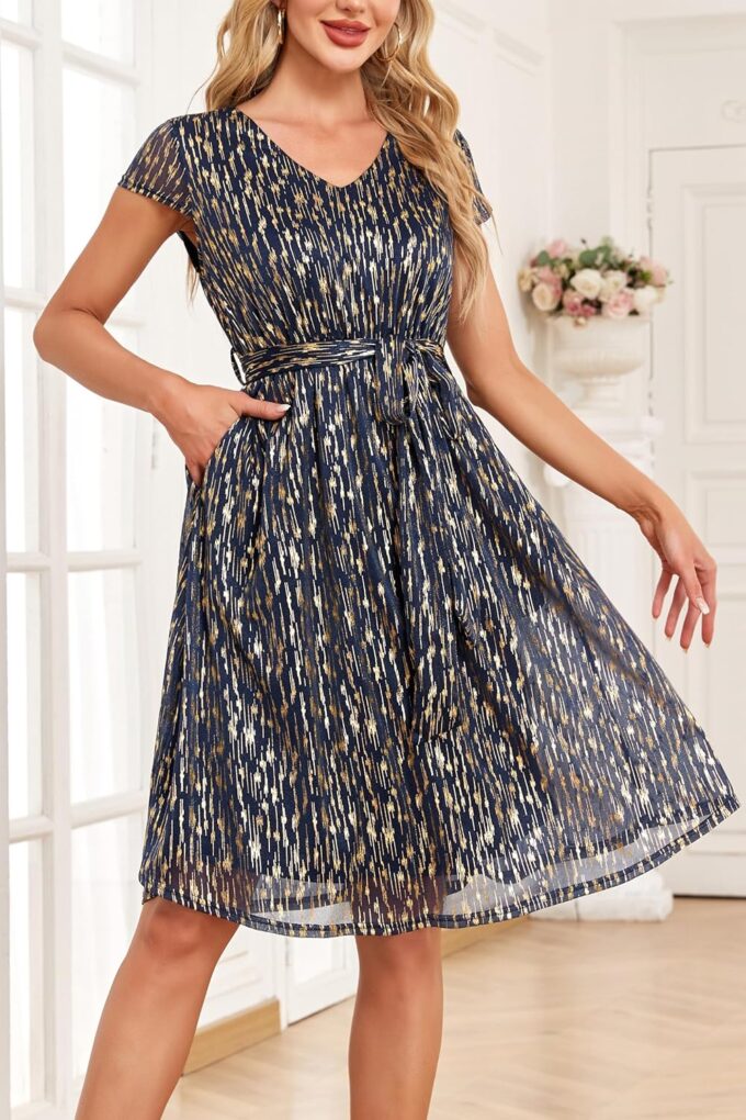 Women's Sparkly Glitter Summer Cocktail Party & Wedding Guest Dress - Short Sleeve with Pockets – Bild 2