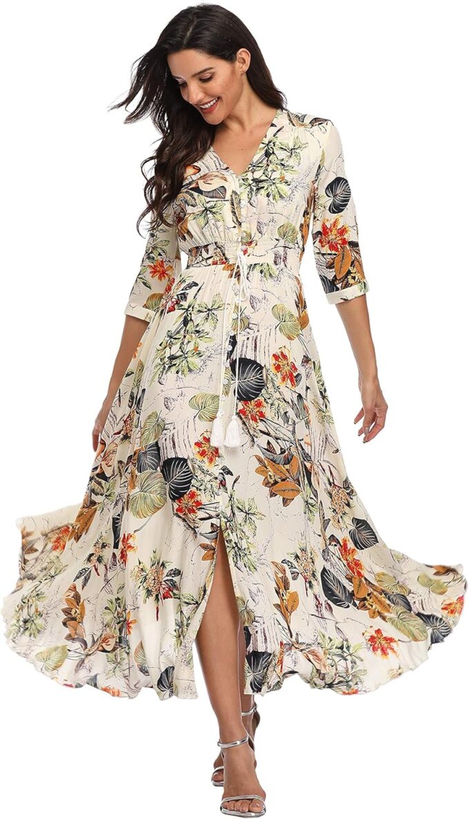 Summer Floral Print Maxi Dress Women Button Up Split Long Flowy Bohemian Beach Party Dresses – Bild 3