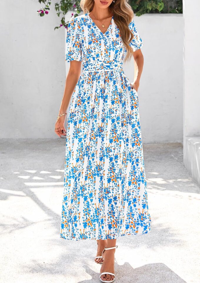 PRETTYGARDEN Summer Maxi Dresses for Women 2025 Floral V Neck Puff Sleeve Empire Waist A Line Flowy Long Beach Boho Dress – Bild 7