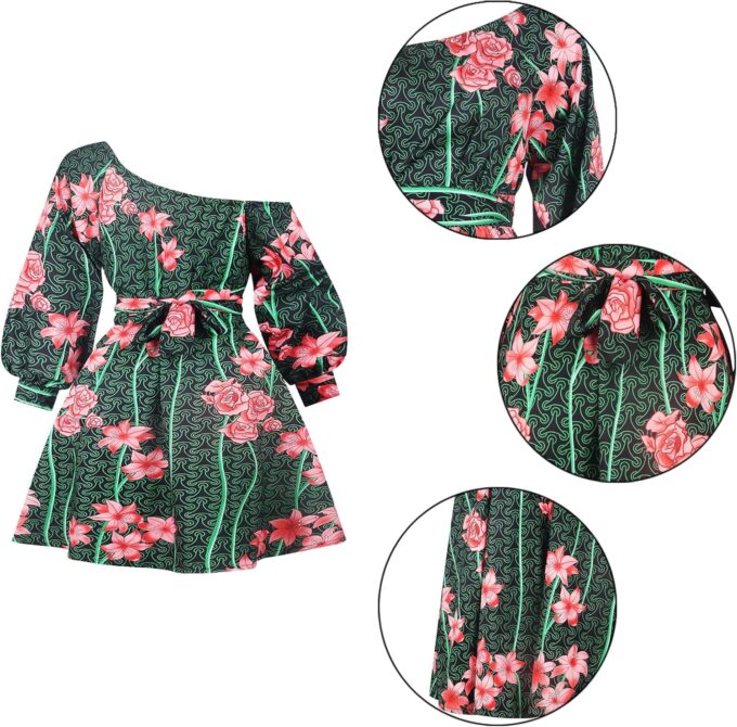 Vimoisa Women Sexy Boho African Short Dress One Shoulder Oblique Neck Dress Pleated Dress Floral Print Long Sleeve Top – Bild 3