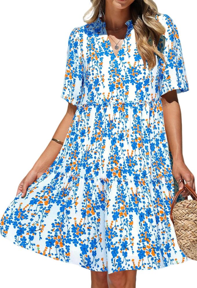 KIRUNDO Womens Summer Dresses Casual Boho Floral Mini Babydoll Short Sleeve A Line Dress V Neck Sundress Beach Vacation