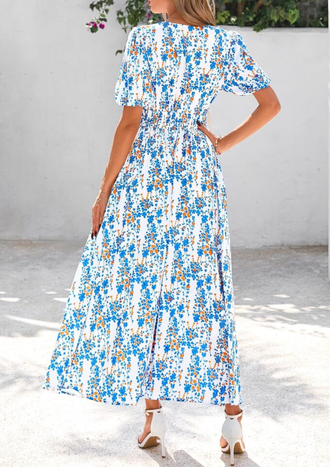 PRETTYGARDEN Summer Maxi Dresses for Women 2025 Floral V Neck Puff Sleeve Empire Waist A Line Flowy Long Beach Boho Dress – Bild 4