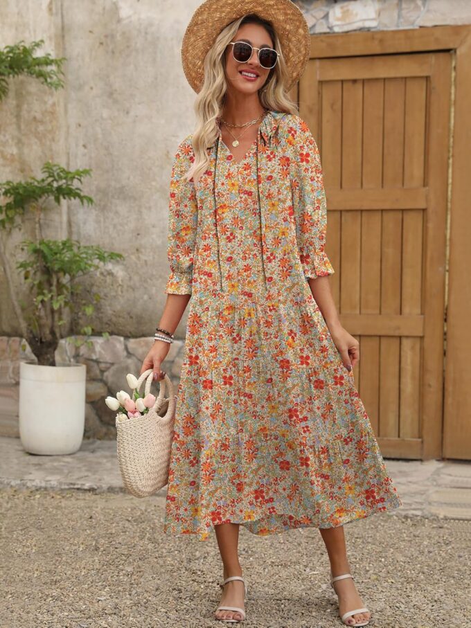 ANRABESS Women's Boho Maxi Dresses 2025 Summer Casual V Neck Puff Sleeve Floral Tiered Flowy Swing Beach Vacation Long Dress – Bild 6