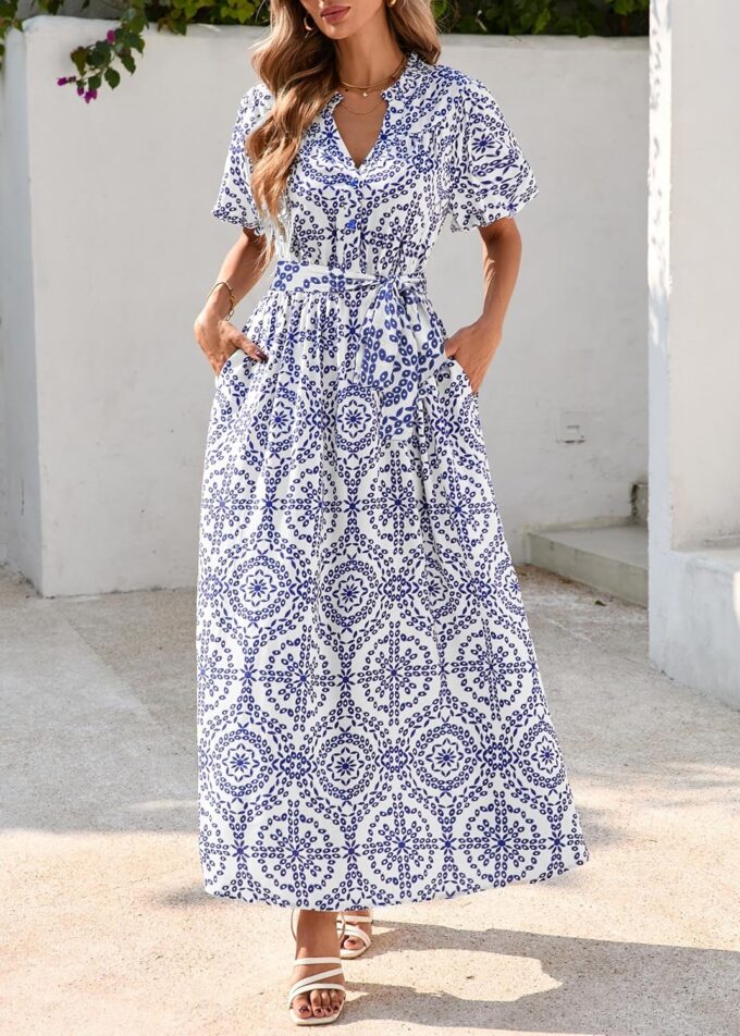 KIRUNDO Women Puff Sleeve Boho Floral Maxi Dress 2025 Spring Summer Button Shirt V Neck Flowy Belted Beach Vacation Dresses – Bild 5