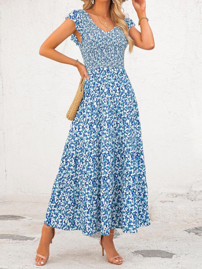 MASCOMODA Womens Summer Maxi Dress Casual V Neck Cap Sleeve Smocked Dresses Ruffle Tiered Beach Party Long Flowy Sundresses – Bild 2