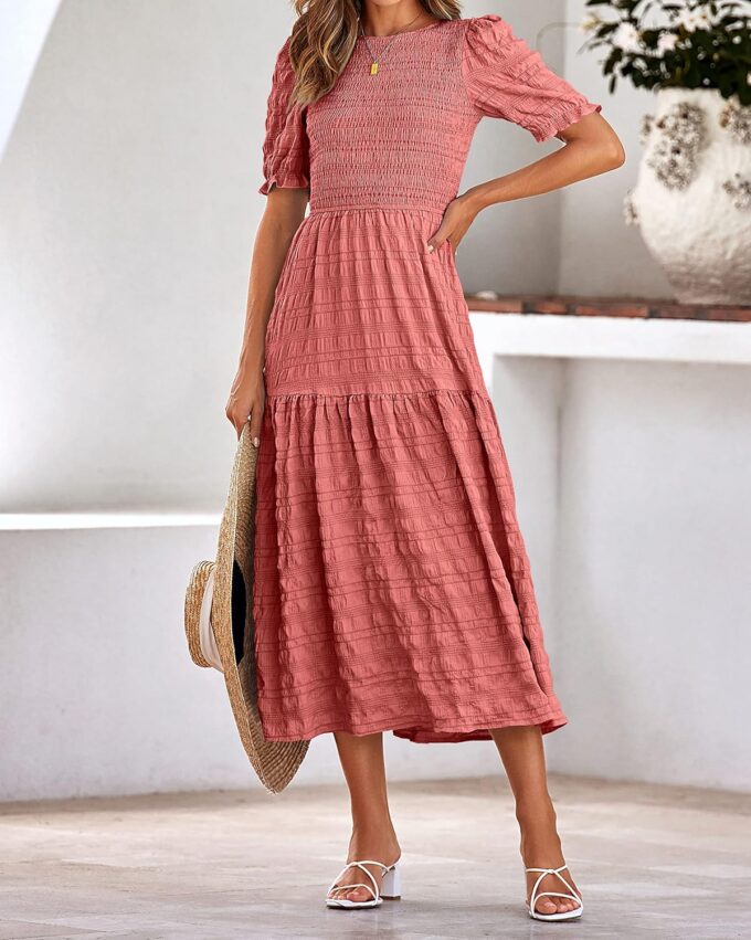 dowerme Womens Summer Dresses 2025 Casual Puff Short Sleeve Crewneck Smocked Flowy Ruffle Boho Beach Party Maxi Sundress – Bild 6