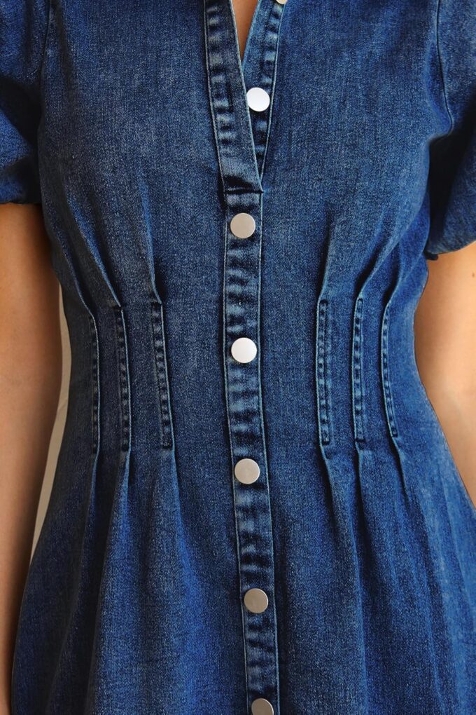 KDF Summer Denim Dress for Women Puff Sleeve Slim Jean Dresses Navy Blue – Bild 4