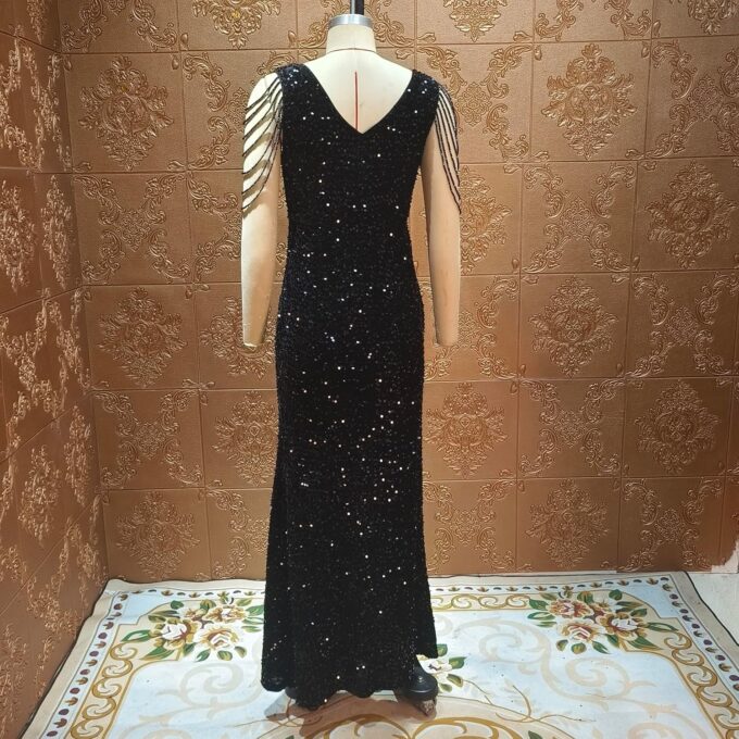 Cololura Women Sexy Elegant Sequin V Neck Tassel Mermaid Bodycon Formal Party Gowns Evening Maxi Dress – Bild 7