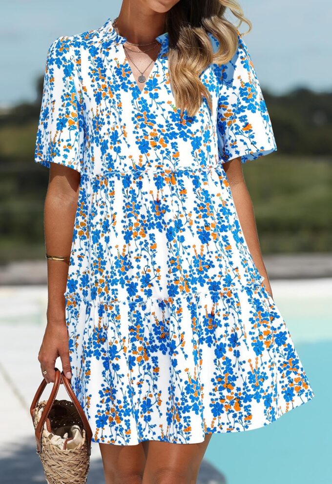 KIRUNDO Womens Summer Dresses Casual Boho Floral Mini Babydoll Short Sleeve A Line Dress V Neck Sundress Beach Vacation – Bild 3