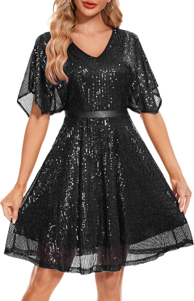 Wedtrend Women's Sparkly Sequin Dress Bat Sleeves Cocktail Dress Glitter Club Dress