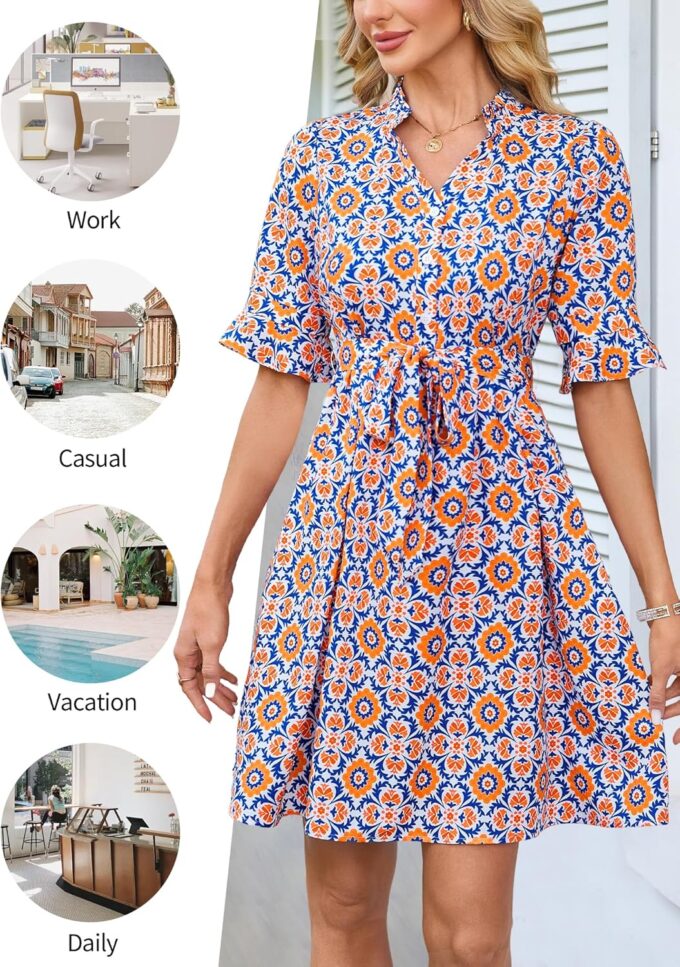 OURIN Womens Summer Dresses 2025 Ruffle Sleeve V Neck Button Down Tie Waist Casual Shirt Dress with Pockets – Bild 6