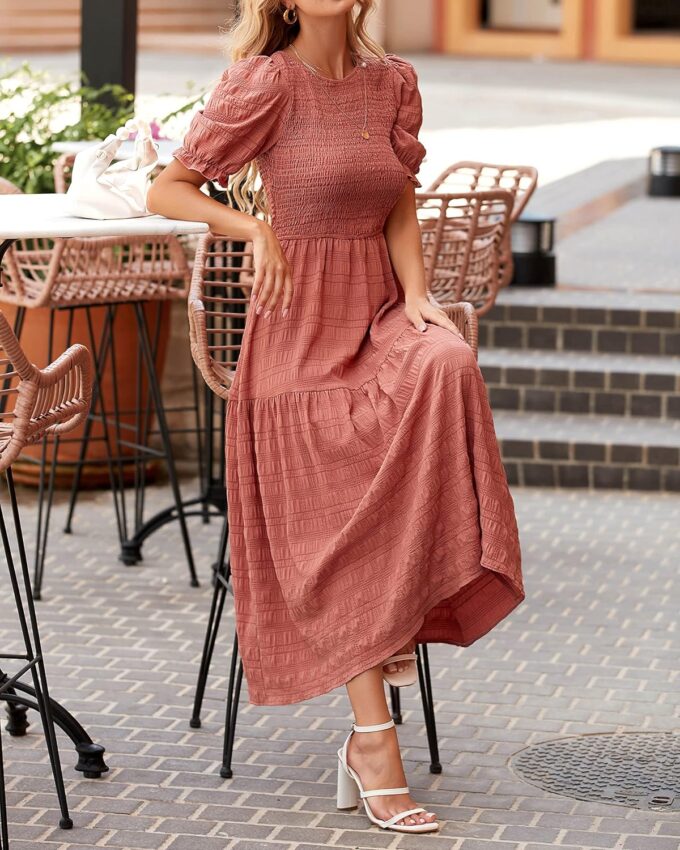 dowerme Womens Summer Dresses 2025 Casual Puff Short Sleeve Crewneck Smocked Flowy Ruffle Boho Beach Party Maxi Sundress – Bild 3