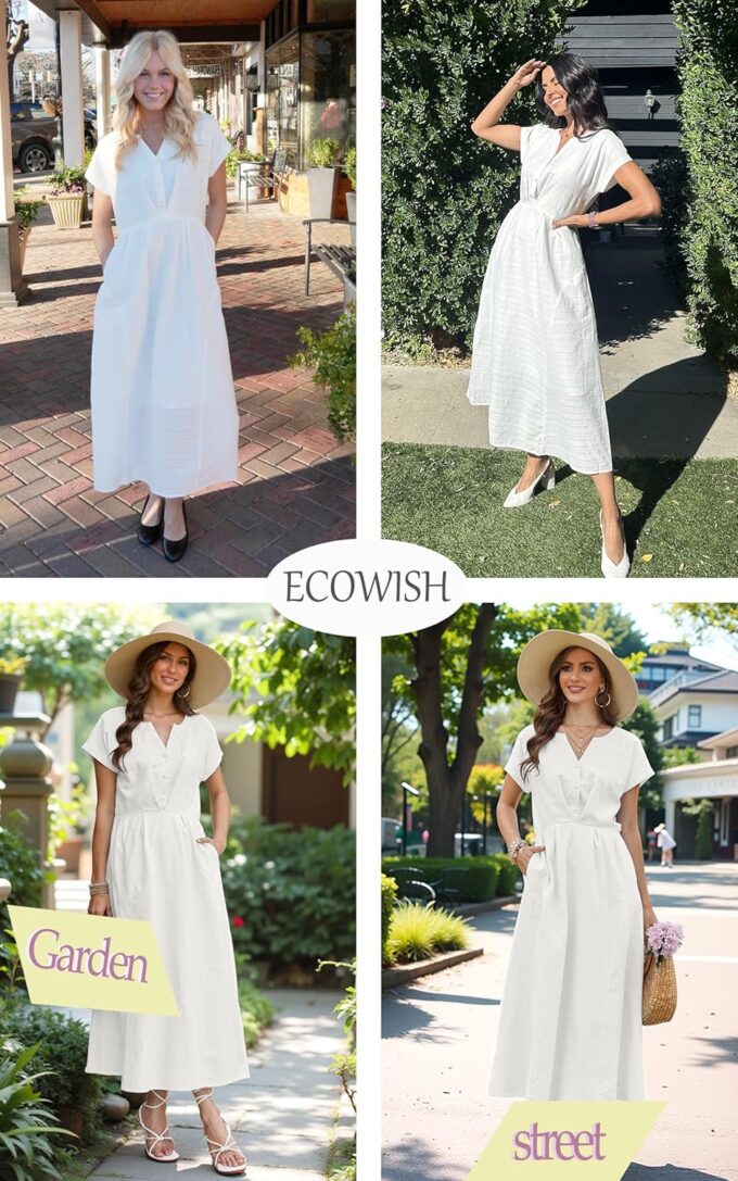 ECOWISH Women Cotton Midi Dress: 2025 Button V Neck Casual Summer Dresses Short Sleeve A-Line Shirt Long Dress with Pockets – Bild 4