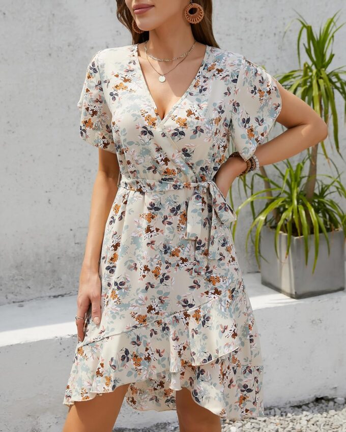 Womens Summer Dress 2025 Floral Boho Dress Wrap V Neck Short Sleeve Ruffle A Line Flowy High Low Midi Dresses – Bild 4