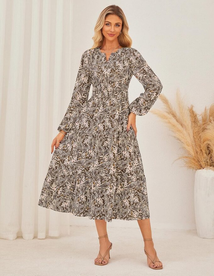 GRACE KARIN Womens 2025 Long Sleeve Floral Maxi Dress V Neck High Waist A Line Flowy Wedding Guest Dresses – Bild 2