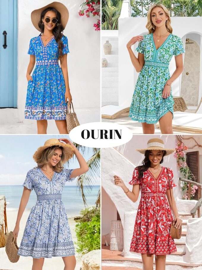 OURIN Womens Summer Dresses 2025 V Neck Short Sleeve Ruffle Floral Casual Boho Beach A Line Midi Sundress – Bild 6
