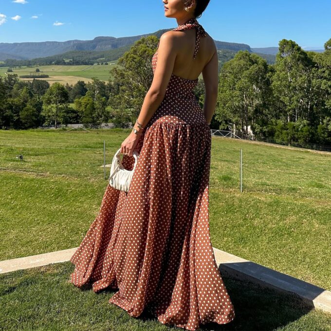 Women’s Elegant Frankie Polka Dot Maxi Dress Summer Vintage Halter Neck Drop Waist Flowy Wedding Guest Brunch Beach Dress – Bild 2