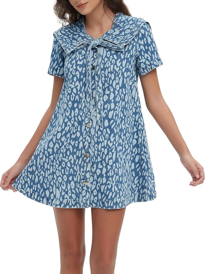 D-Sun Women's Denim Mini Dress Summer Short Sleeves Leopard Print Denim Babydoll Dress Navy Collar A-Line Jean Dresses