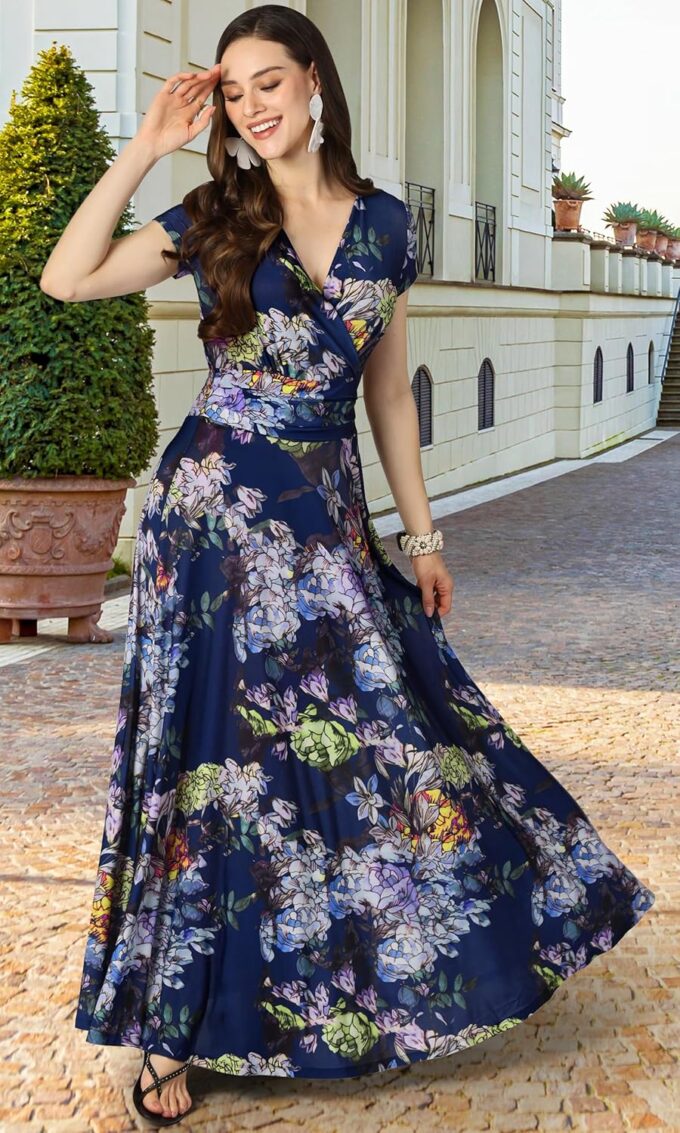 KOH KOH Womens Long Floral Print Cap Sleeve Modest Flowy Summer Maxi Dress Gown – Bild 2