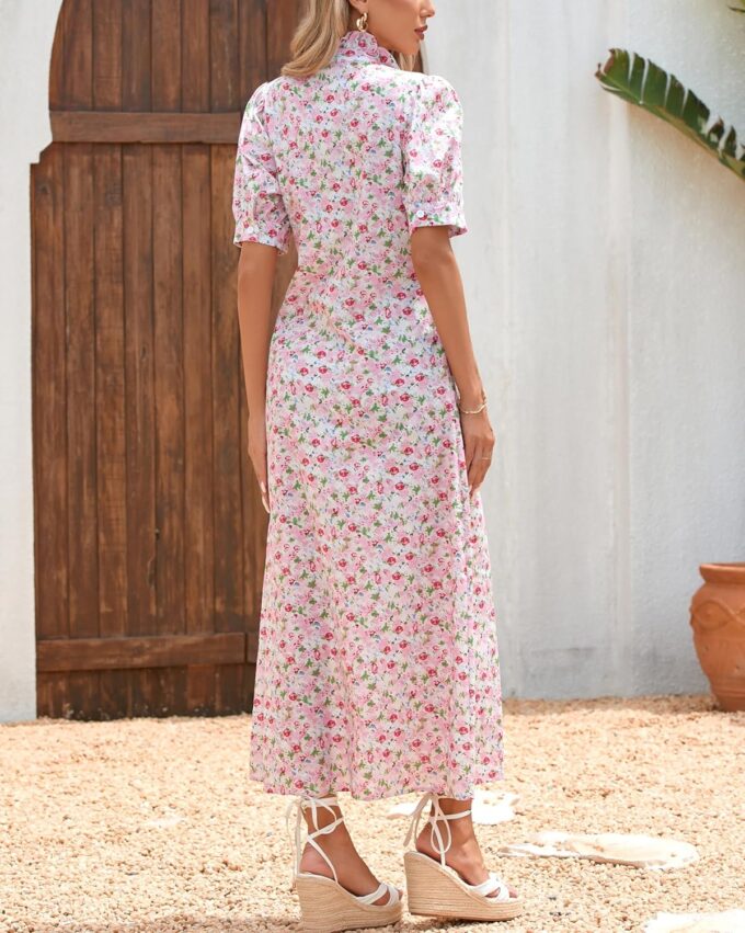 Women's Floral Button Down Shirt Midi Dress Casual Puff Sleeve Ruffle Collar Dress Summer Beach Party Dress – Bild 3