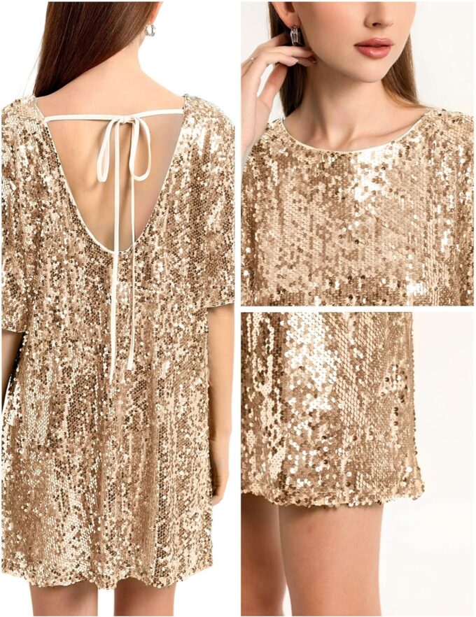 Women's Crew Neck Sequin Dress for Women Sexy V Neck Shirt Dress Sparkly Half Sleeve Loose Party Club Cocktail Dress – Bild 4
