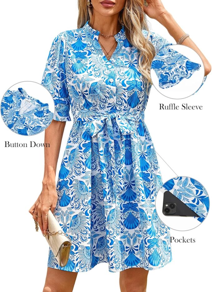 OURIN Womens Summer Dresses 2025 Ruffle Sleeve V Neck Button Down Tie Waist Casual Shirt Dress with Pockets – Bild 7