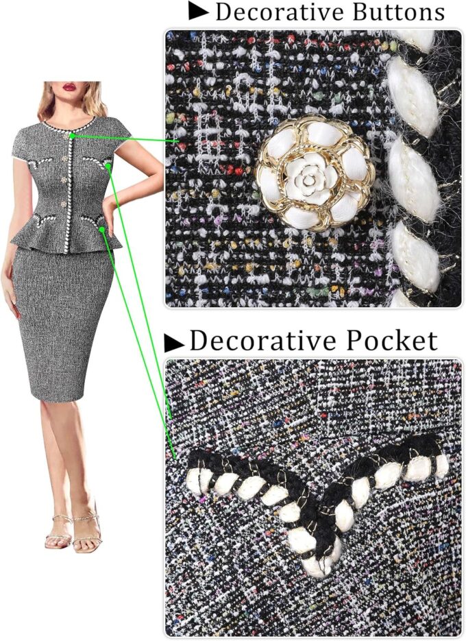 VFSHOW Damen Bleistiftkleid mit Knöpfen und Schößchen, für Arbeit, Business, Büro, professionelles Patchwork, Bleistiftkleid – Bild 5
