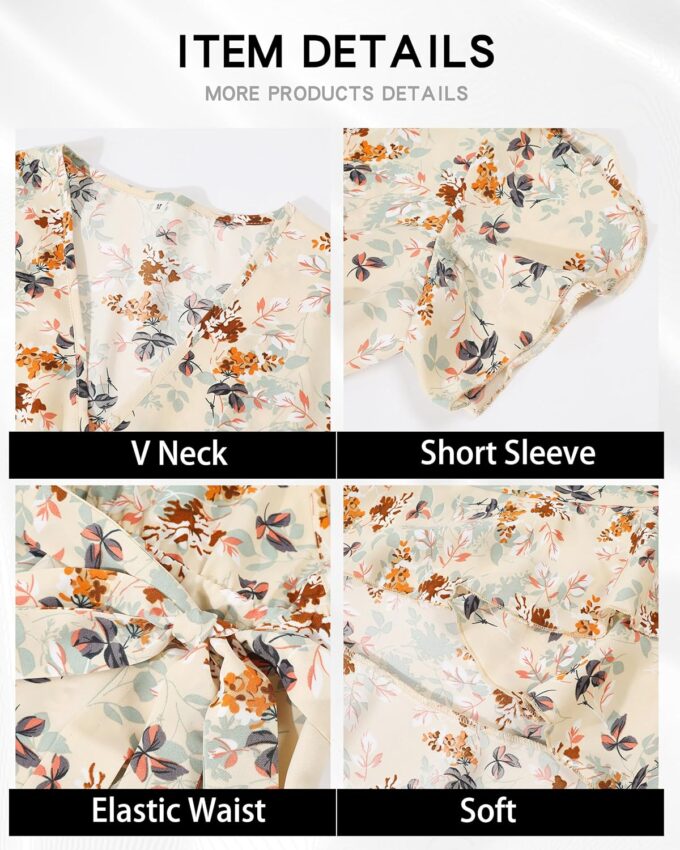 Womens Summer Dress 2025 Floral Boho Dress Wrap V Neck Short Sleeve Ruffle A Line Flowy High Low Midi Dresses – Bild 8