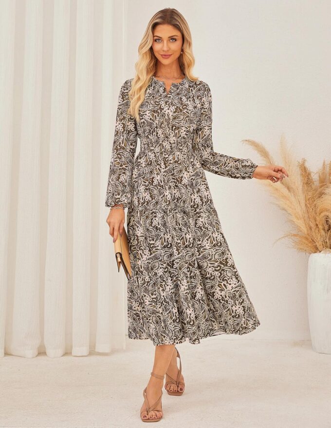 GRACE KARIN Womens 2025 Long Sleeve Floral Maxi Dress V Neck High Waist A Line Flowy Wedding Guest Dresses – Bild 3