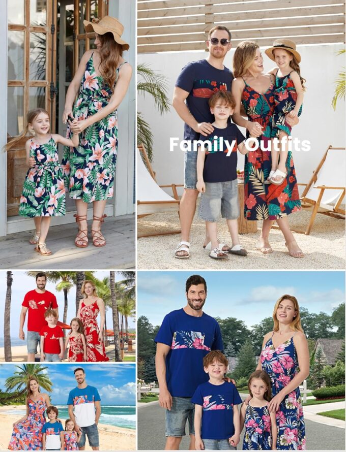 PATPAT Family Matching Outfits Mommy and Me Dresses Hawaiian Tropical Vacation Beach Spaghetti Strap Dress and Shirt – Bild 2