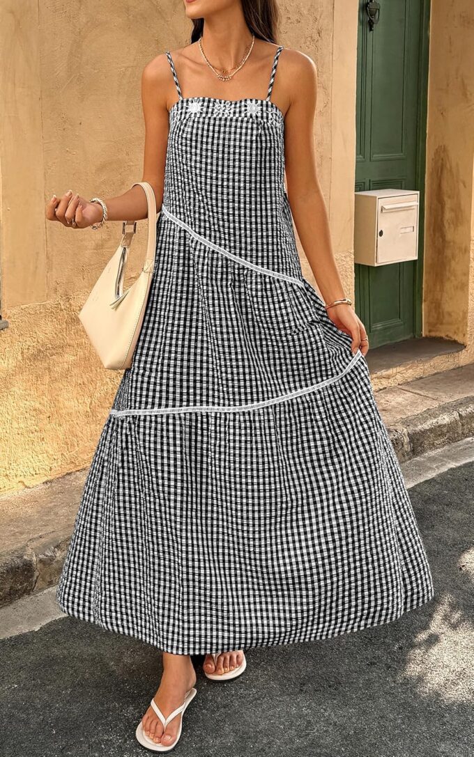 ECOWISH Women Sleeveless Maxi Dress: Summer Spaghetti Strap Casual Loose Boho Beach Dress Asymmetric Tiered Flowy Long Dress – Bild 7