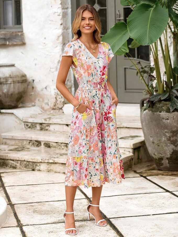 BerryGo Women's Floral Boho Ruffle Summer Midi Dress Short Sleeve V Neck Empire Waist Swing Flowy Dress – Bild 3