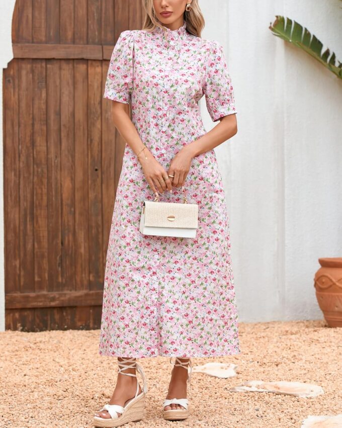 Women's Floral Button Down Shirt Midi Dress Casual Puff Sleeve Ruffle Collar Dress Summer Beach Party Dress – Bild 5