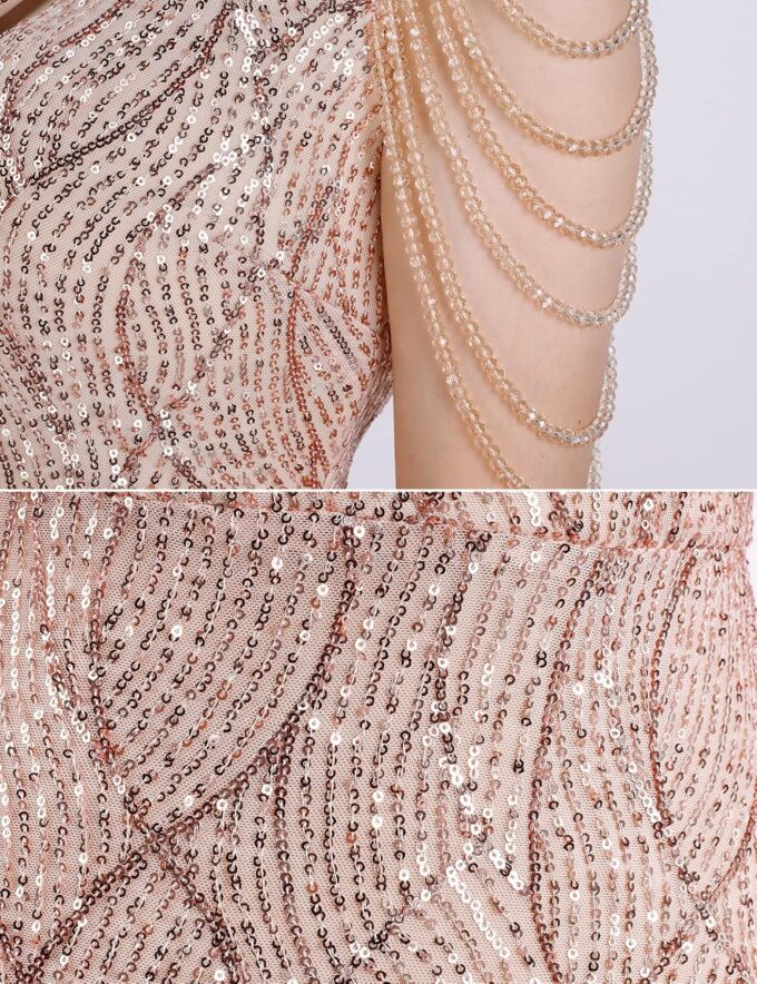 Women One Shoulder 1920s Plus Size Formal Dress Tassels Sleeve Sequins Gatsby Maxi Evening Gown – Bild 5