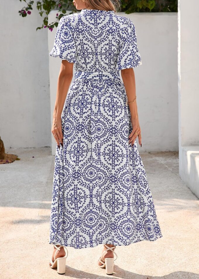 KIRUNDO Women Puff Sleeve Boho Floral Maxi Dress 2025 Spring Summer Button Shirt V Neck Flowy Belted Beach Vacation Dresses – Bild 2