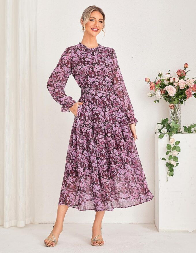 GRACE KARIN Women's Long Sleeve Maxi Dress Fall 2025 Chiffon Flowy Wedding Guest Dresses Floral Tiered Dress with Pockets – Bild 2