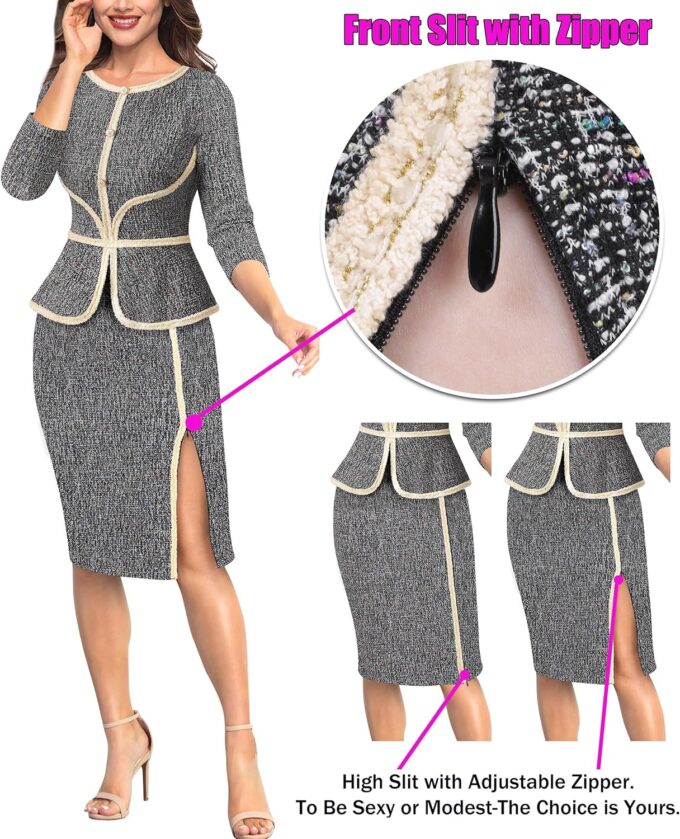 VFSHOW Damen Bleistiftkleid mit Schößchen, geteilt, für Arbeit, Büro, Kirche, Bleistiftkleid – Bild 5