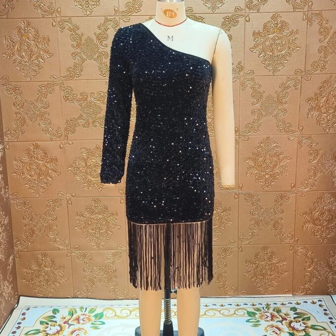 Women Sexy Sequin One Shoulder Long Sleeve Tassel Hem Bodycon Midi Dress Party Cocktail Dress – Bild 3