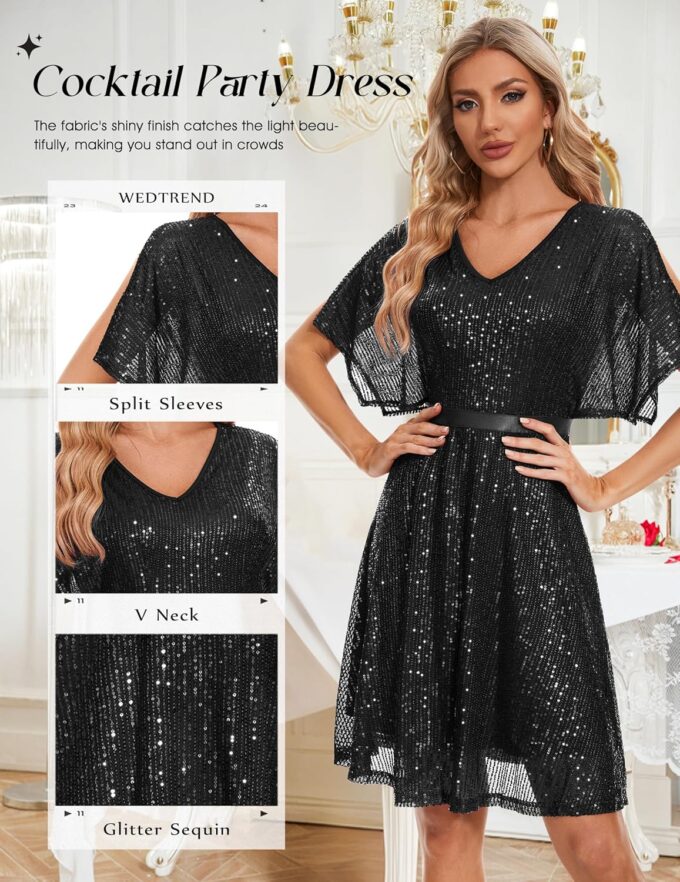 Wedtrend Women's Sparkly Sequin Dress Bat Sleeves Cocktail Dress Glitter Club Dress – Bild 3