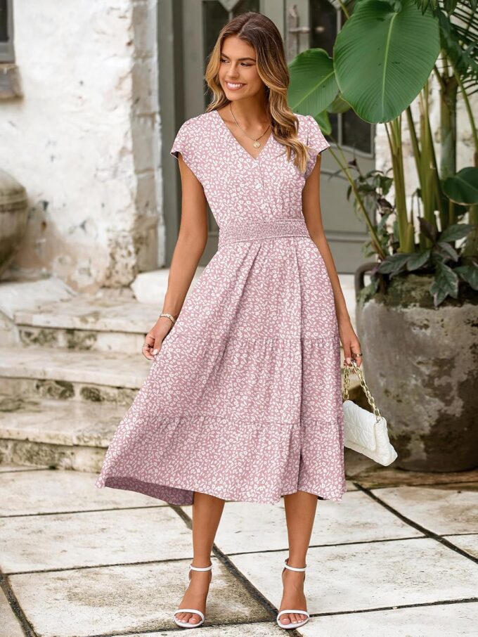 BerryGo Women's Floral Boho Ruffle Summer Midi Dress Short Sleeve V Neck Empire Waist Swing Flowy Dress – Bild 3