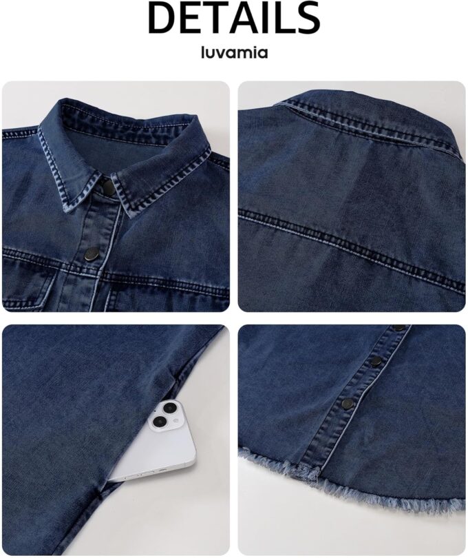 luvamia Denim Dresses for Women Distressed Summer Short Sleeve Button Down Collared Raw Hem Jean Shirt Dress with Pocket – Bild 4