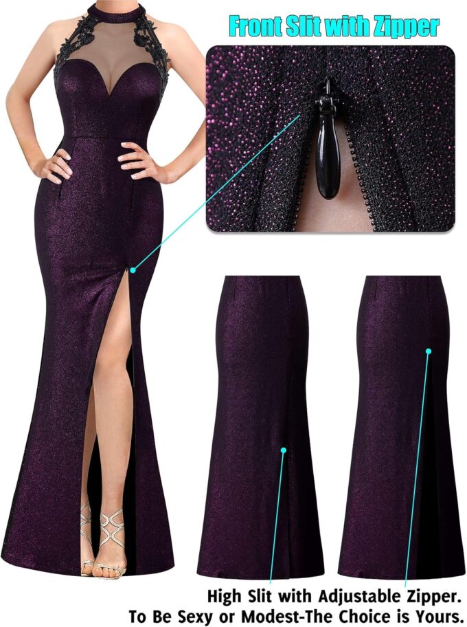 VFSHOW Womens Formal Sexy Halter High Slit Prom Wedding Guest Maxi Dress 2023 Illusion Sweetheart Neckline Evening Long Gown – Bild 4