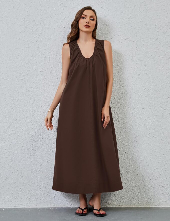 Women Flowy Maxi Dress Ruched Sleeveless Scoop Neck Long Dress Summer Vacation Elegant Loose Sundress with Pockets – Bild 4