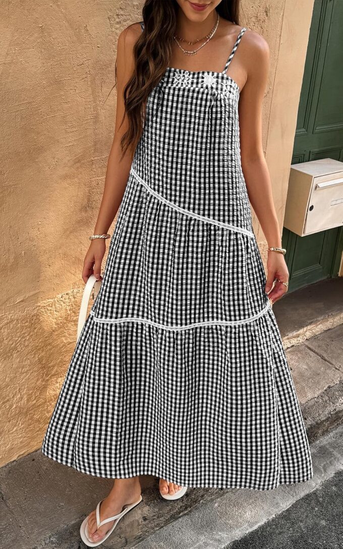 ECOWISH Women Sleeveless Maxi Dress: Summer Spaghetti Strap Casual Loose Boho Beach Dress Asymmetric Tiered Flowy Long Dress – Bild 6