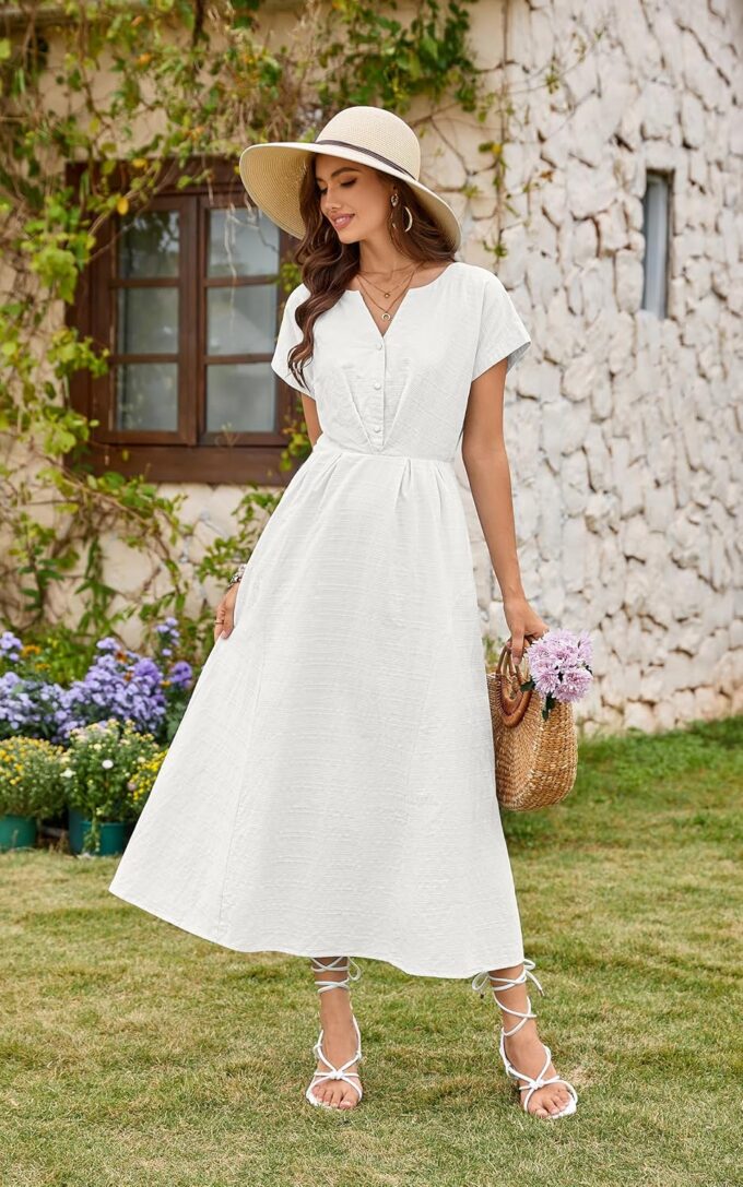 ECOWISH Women Cotton Midi Dress: 2025 Button V Neck Casual Summer Dresses Short Sleeve A-Line Shirt Long Dress with Pockets – Bild 2